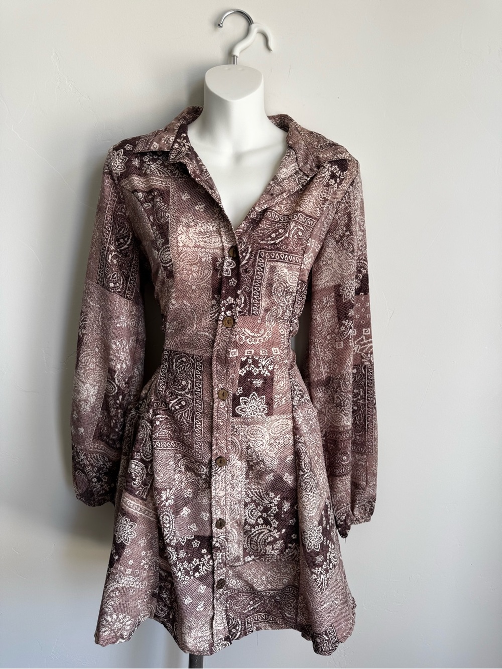 indulge Paisley Patchwork Button-Front Long Sleeve Dress - Brown